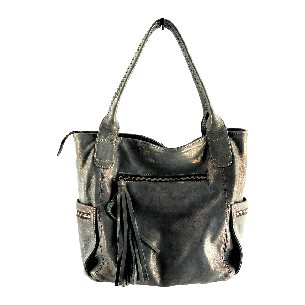Carla Mancini Handbags Teal Gray Metallic Shiny Tote Shoulder Bag EUC